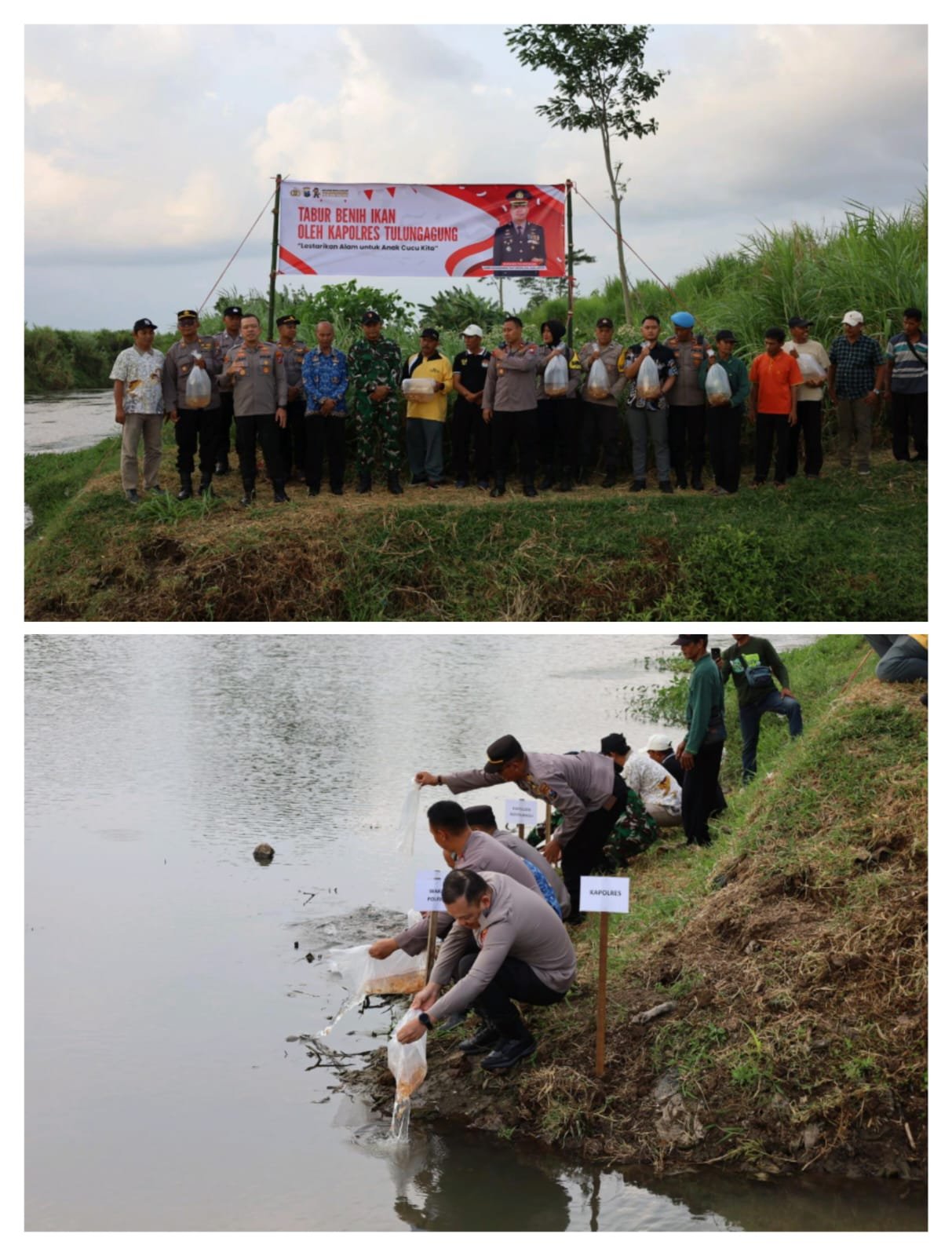Jaga Ekosistem Sungai Polres Tulungagung Tebar 5.000 Benih Ikan Tombro di Boyolangu